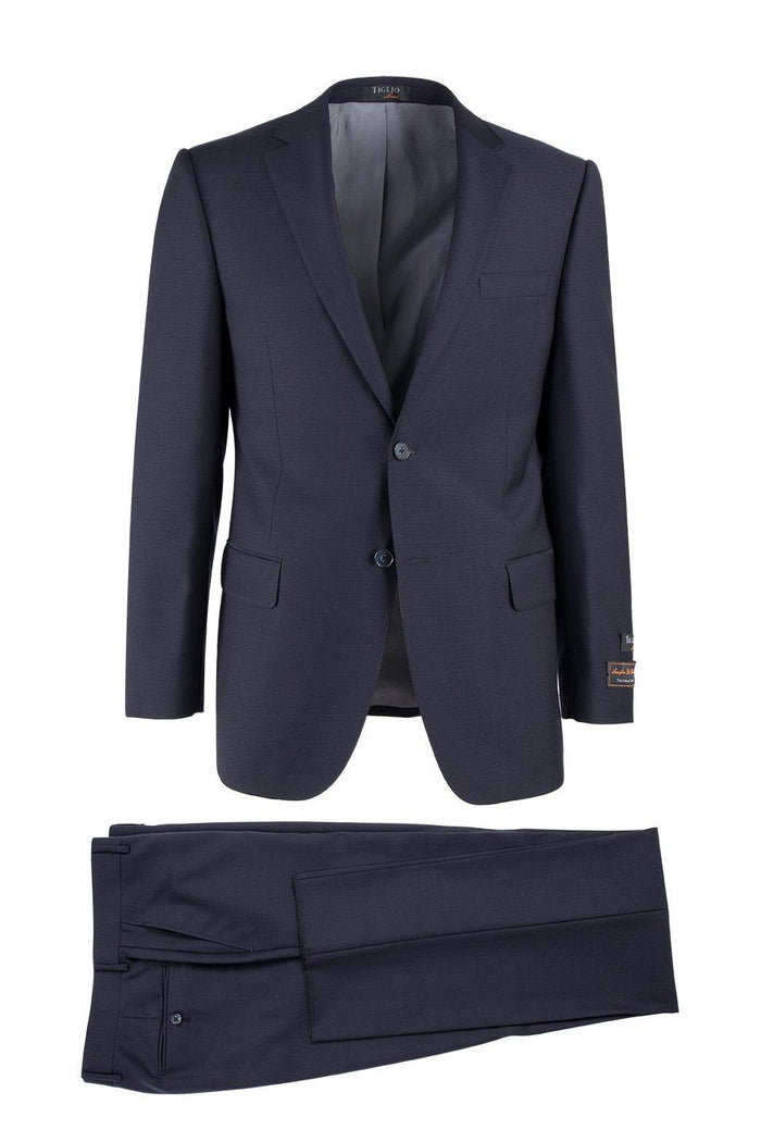Tiglio Italian navy suit: two-piece, tailored blazer and trousers. Blazer: single-breasted, notched lapels, fitted. Trousers: straight-leg, flat front. Likely a smooth wool blend fabric.
