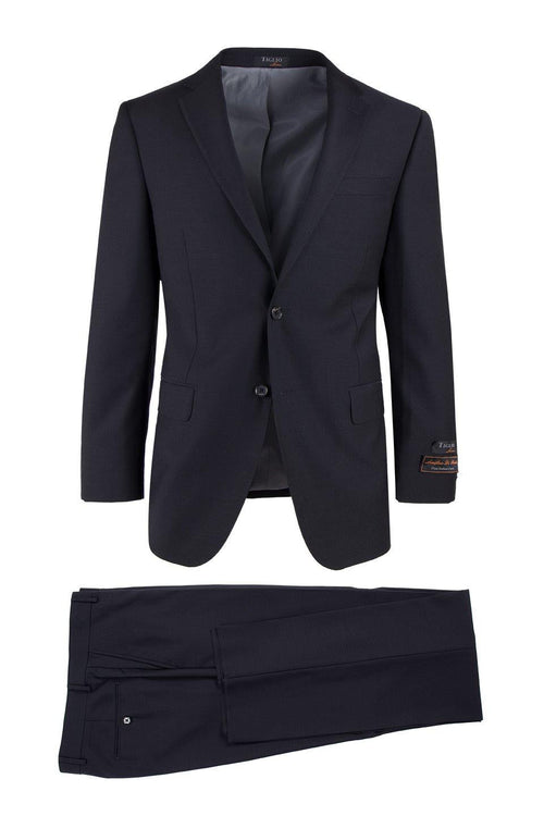 Tiglio Italian suit: single-breasted, navy. Structured blazer with notch lapel, two pockets, and lined interior. Straight-leg, flat-front trousers. Likely wool or wool blend. Tailored fit.
