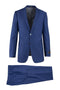 Tiglio Italian suit in solid blue. Tailored design with smooth fabric, narrow lapel blazer (two pockets) and flat-front trousers with single-button closure. Sleek, modern fit; no patterns.
