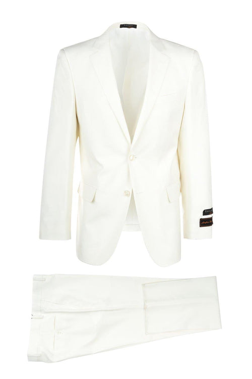 Tiglio Italian suit in solid white. Tailored jacket with notch lapel, single-button closure, and front pockets. Straight-leg trousers with plain front, creating a cohesive, formal look.
