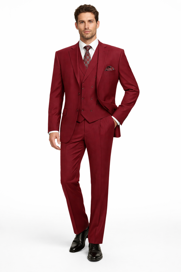 Modern Fit Wool Feel Two Button Jacket with Suit Burgundy