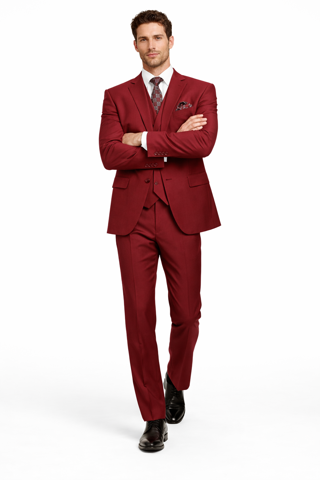 Modern Fit Wool Feel Two Button Jacket with Suit Burgundy