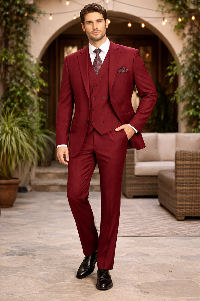 Modern Fit Wool Feel Two Button Jacket with Suit Burgundy
