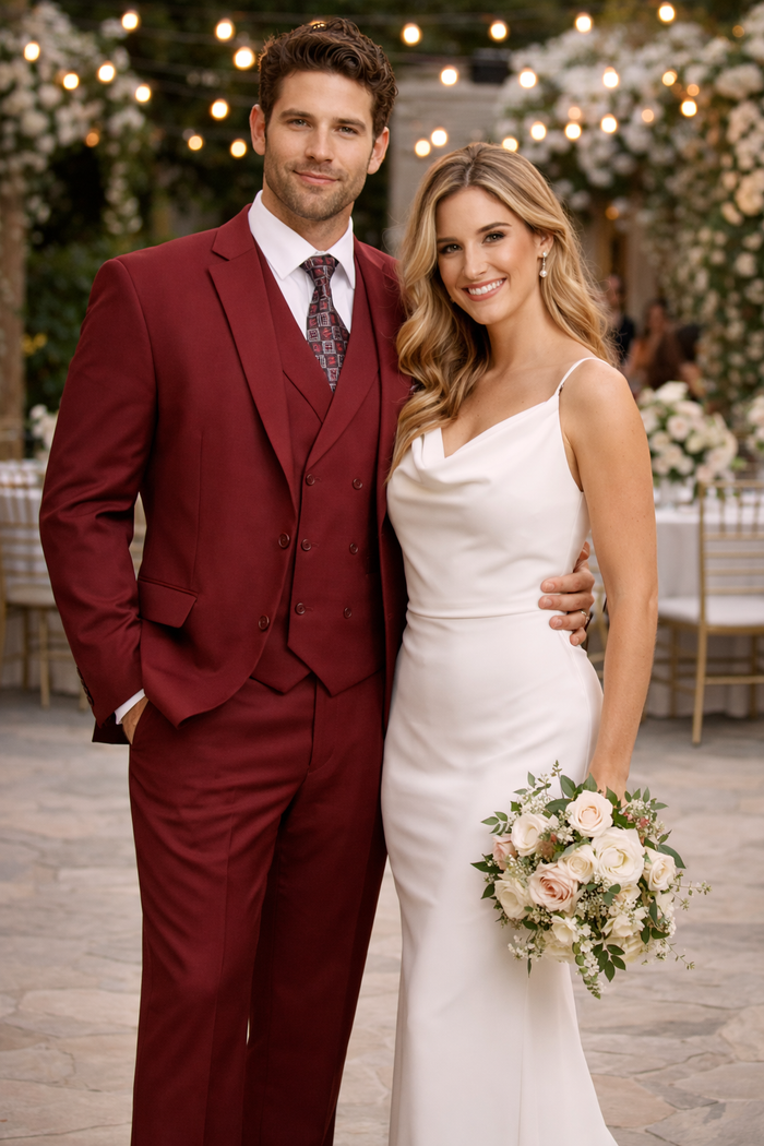 Modern Fit Wool Feel Two Button Jacket with Suit Burgundy