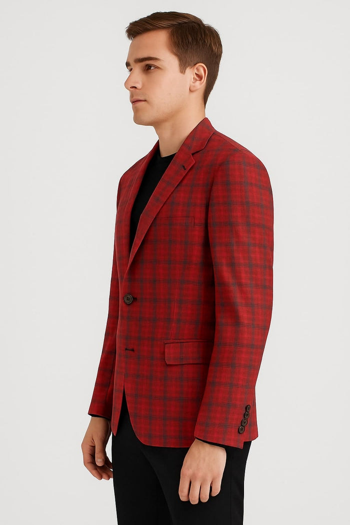Alberto Nardoni red plaid blazer. Tailored fit, single-button closure, notched lapel, and two front pockets. Red & black plaid. Smooth material with buttoned cuff details.

