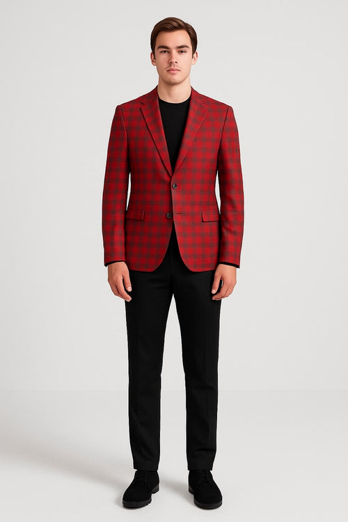 Red plaid blazer. Single-breasted, notched lapels, two buttons. Structured fit, tailored silhouette. Vibrant red with black checkered pattern. Front pockets.
