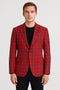 Alberto Nardoni's modern red plaid blazer. Tailored fit, single-breasted, wide lapels. Red fabric with black/dark red plaid. Two brown buttons. Structured design with visible stitching.
