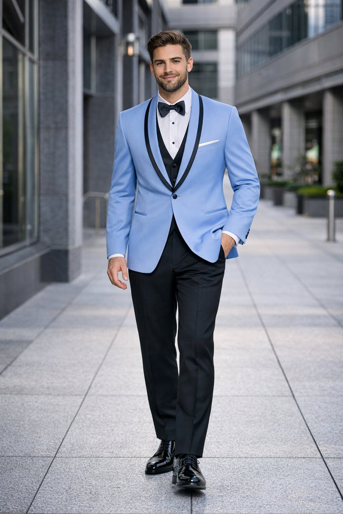 Mens Designer Satin Trim Valencia Shawl Tuxedo in Sky Blue