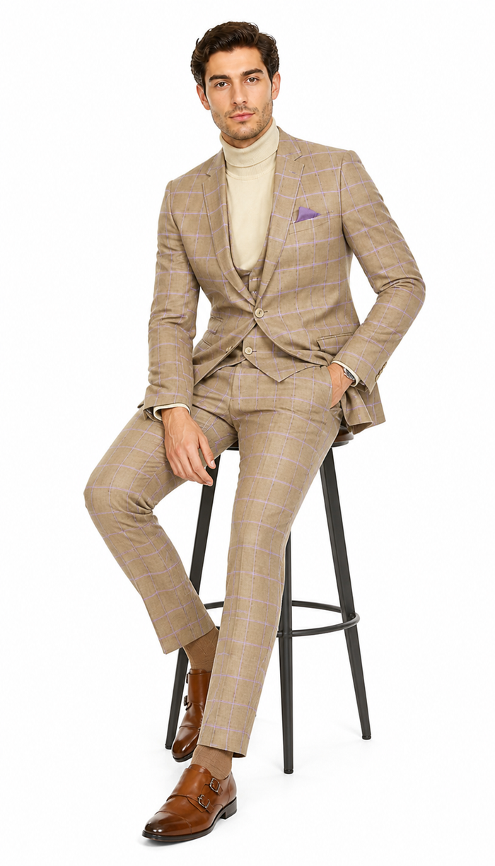 Modern Slim Fit Mens Suit – 2 Button Notch Lapel with U-Shaped Double Breasted Vest