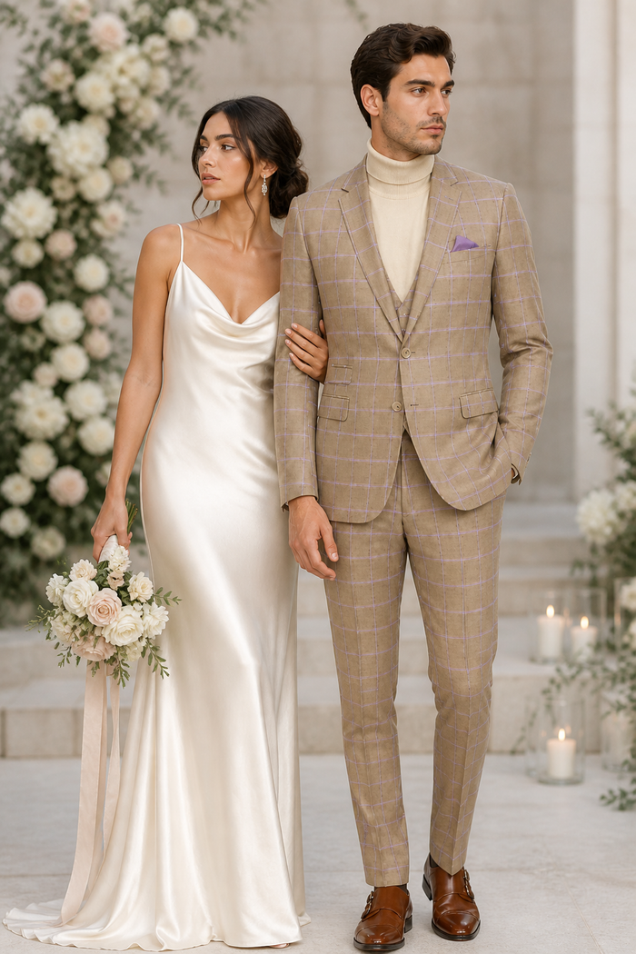 Modern Slim Fit Mens Suit – 2 Button Notch Lapel with U-Shaped Double Breasted Vest