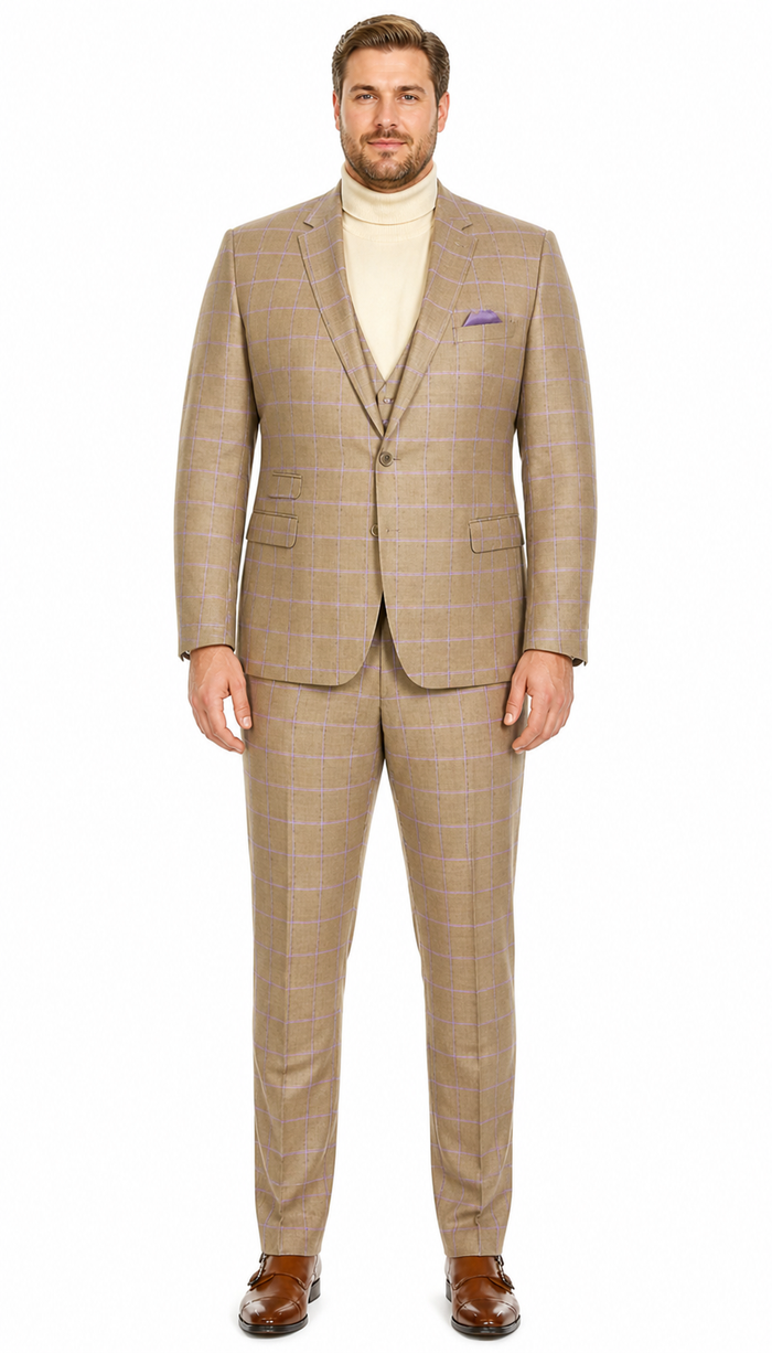 Modern Slim Fit Mens Suit – 2 Button Notch Lapel with U-Shaped Double Breasted Vest