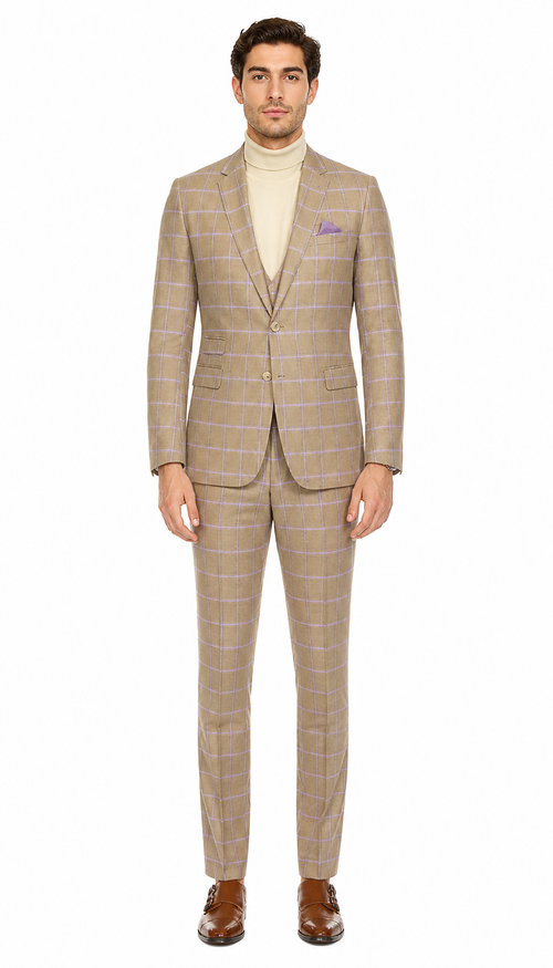 Modern Slim Fit Mens Suit – 2 Button Notch Lapel with U-Shaped Double Breasted Vest