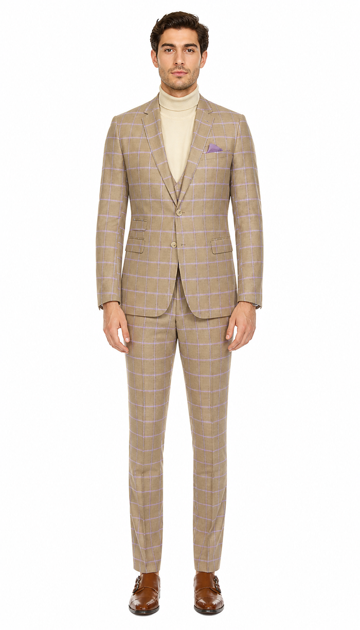 Modern Slim Fit Mens Suit – 2 Button Notch Lapel with U-Shaped Double Breasted Vest