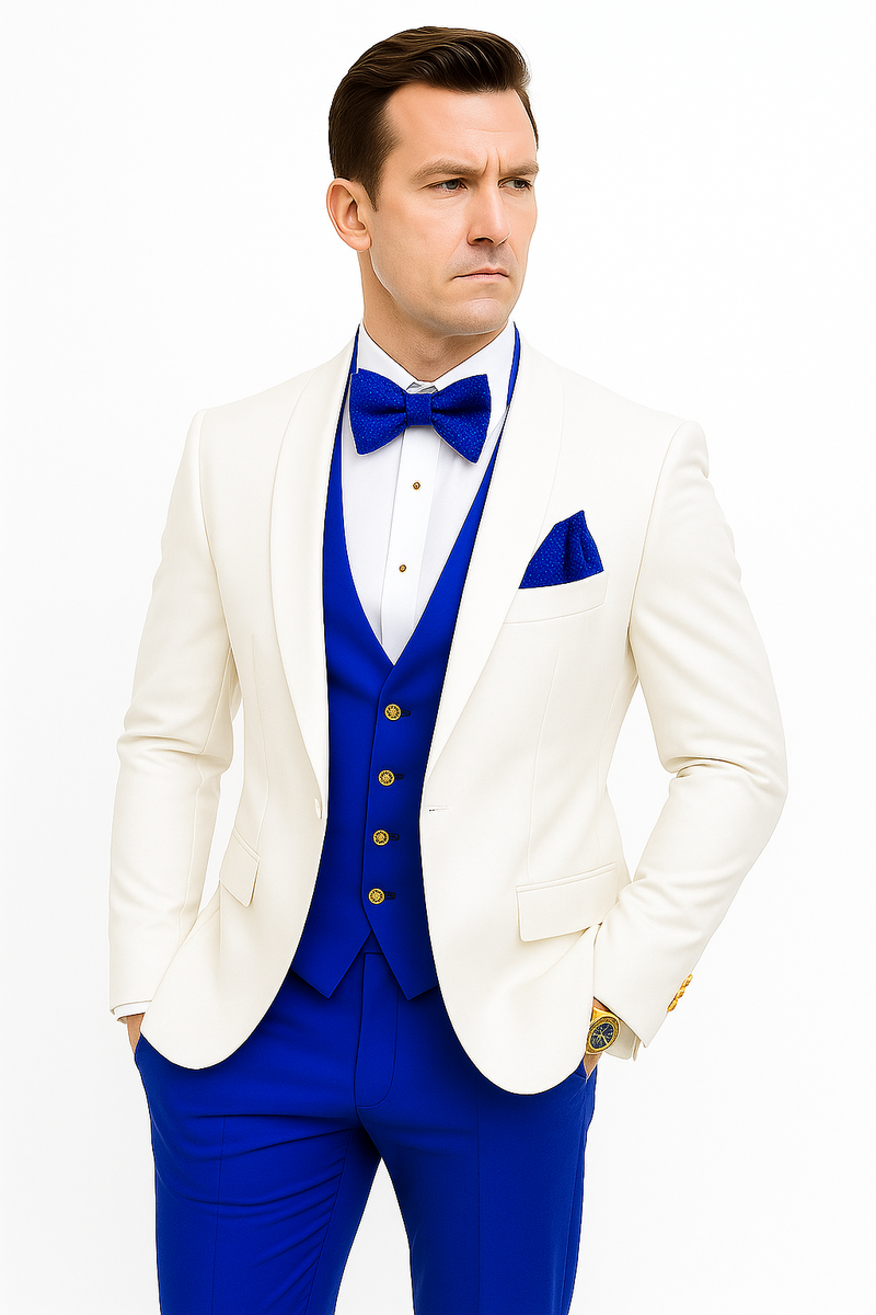 White and Royal Blue Wedding Suit – White Dinner Jacket, Vest, Pants & Bow Tie