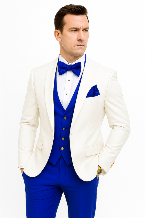 White and Royal Blue Tuxedo Wedding Suit - White Dinner Jacket + Vest + Pants + Bow-tie