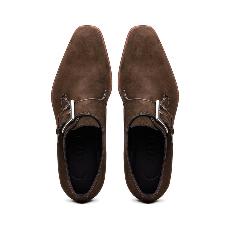 Zelli Hebilla Italian Suede Monk Strap Dress Shoe in Dark Brown