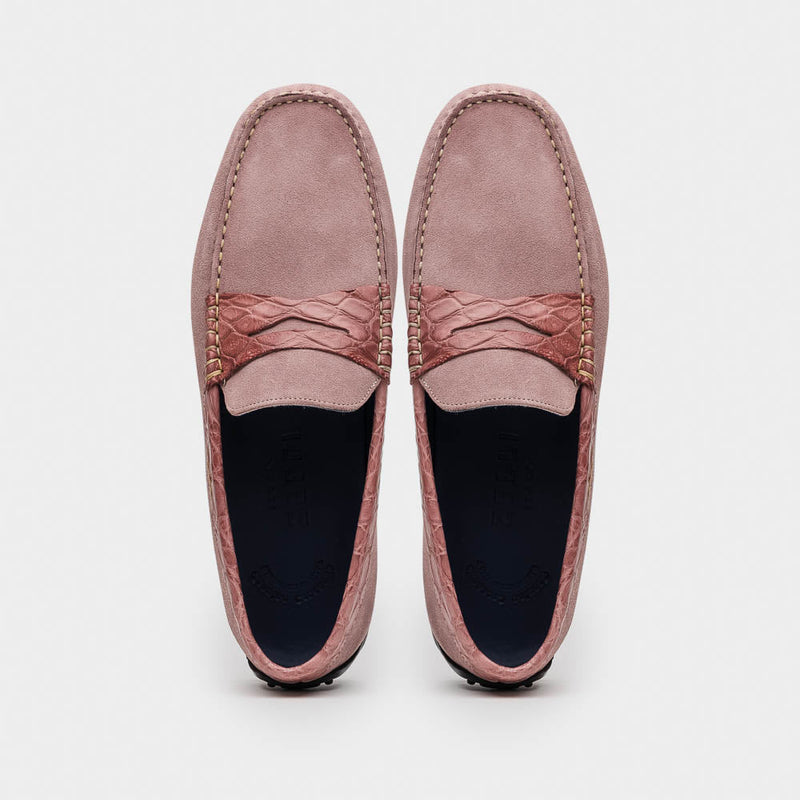 Zelli Monza Suede and Caiman Crocodile Driving Shoes in Candy