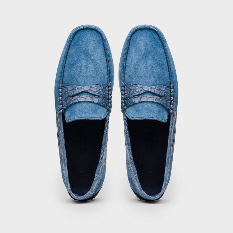 Zelli Monza Suede & Caiman Crocodile Driving Shoes in Denim