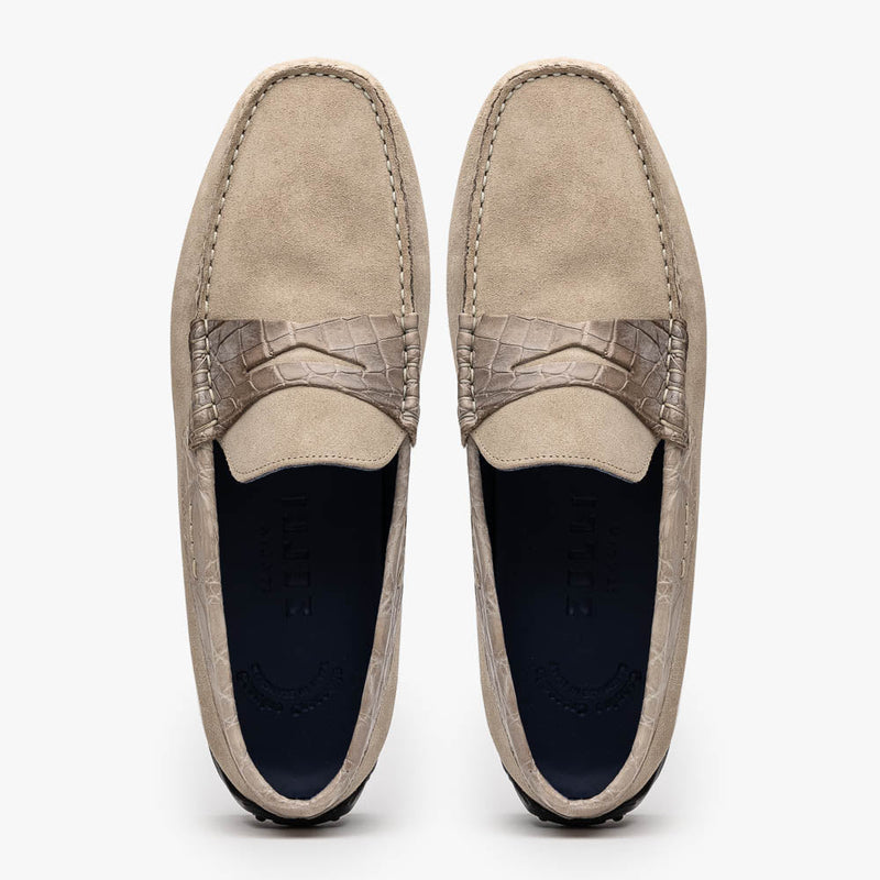 Zelli Monza Suede and Genuine Crocodile Driving Loafers in Sand