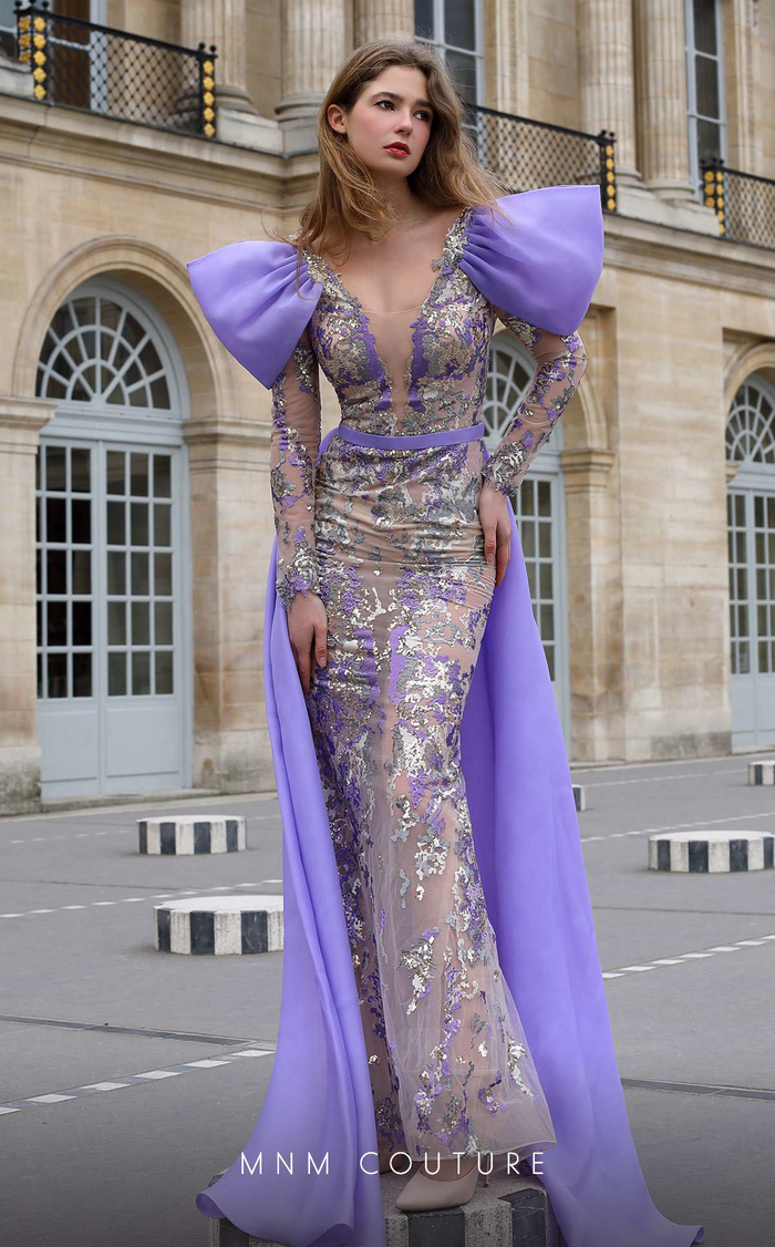 MNM Couture K4075 Purple Sequin Long Sleeve Gown
