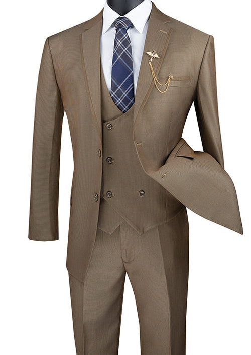 Birdseye Pattern Modern Fit 3 Piece Khaki Suit with Contrast Trim