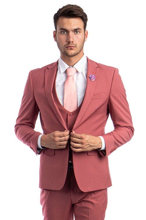 "Coral Pink Men's Wedding & Prom 2025 Suit - One Button Peak Lapel Skinny with Lowcut Vest"