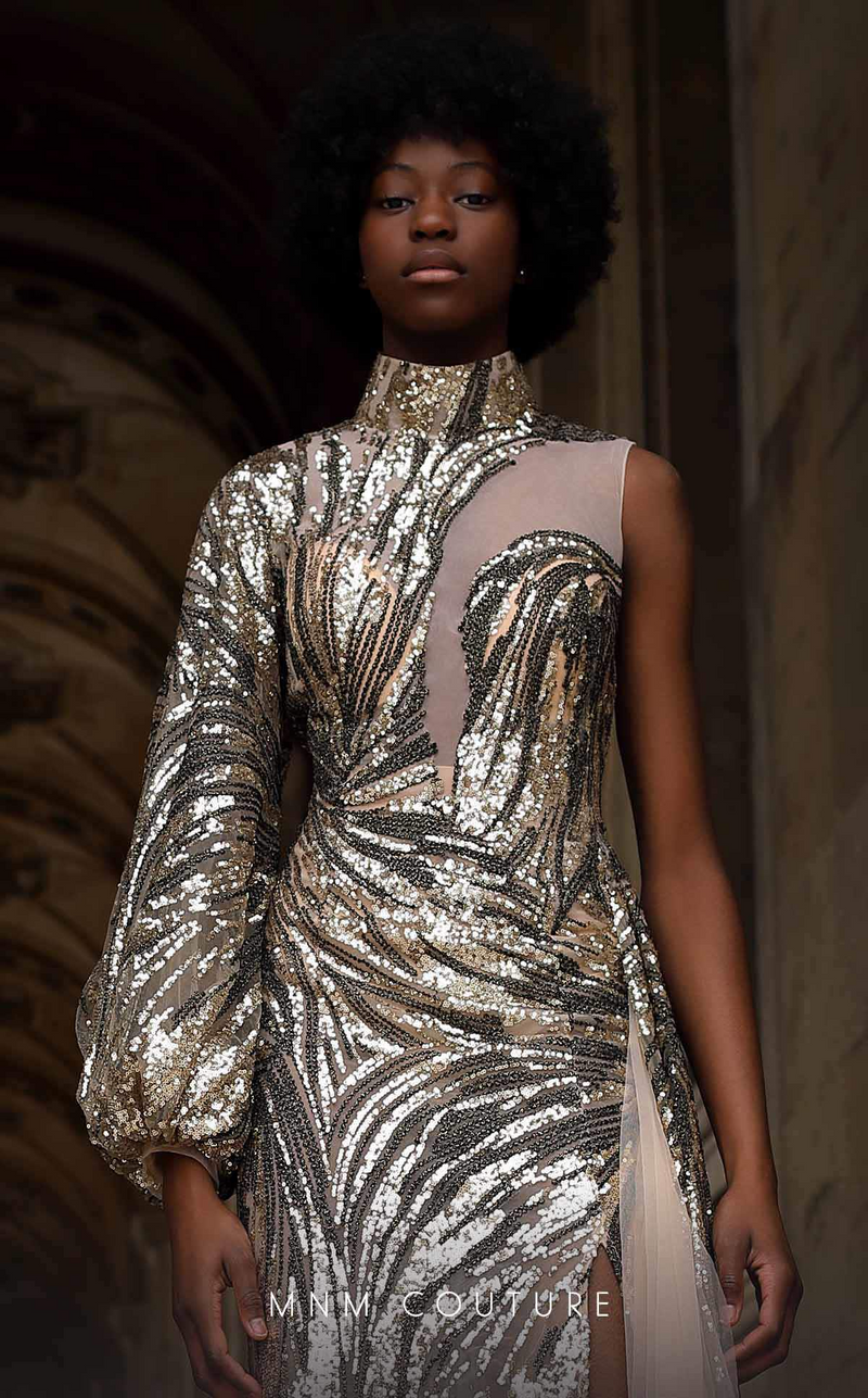 MNM Couture K4066 Metallic Sequin Gown with Sheer Accents