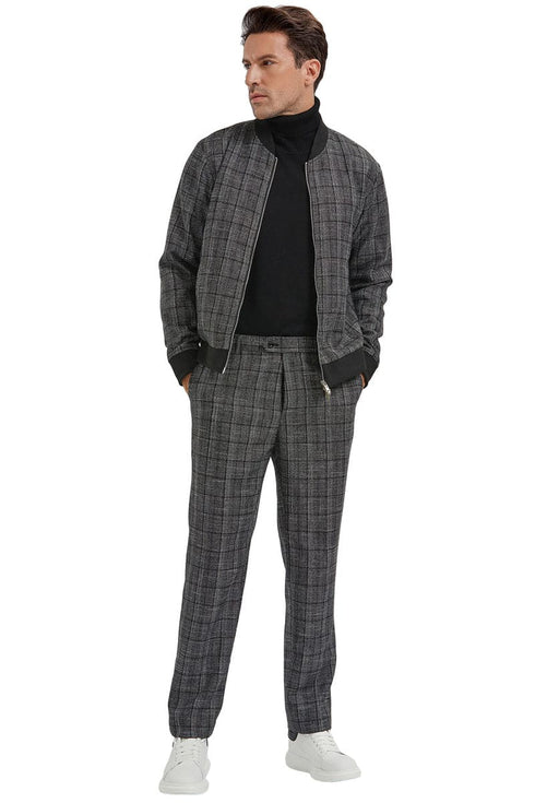 "Black Plaid Men's Casual Walking Track Suit Set - Jacket & Pant"