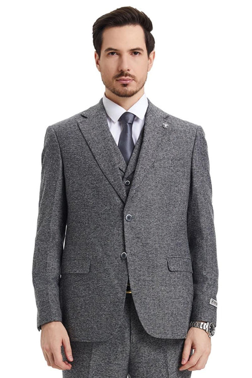 Men's Stacy Adams grey herringbone tweed suit. Vintage style with a tailored blazer (two-button, notch lapels), matching vest, and trousers. Features a classic grey herringbone pattern.
