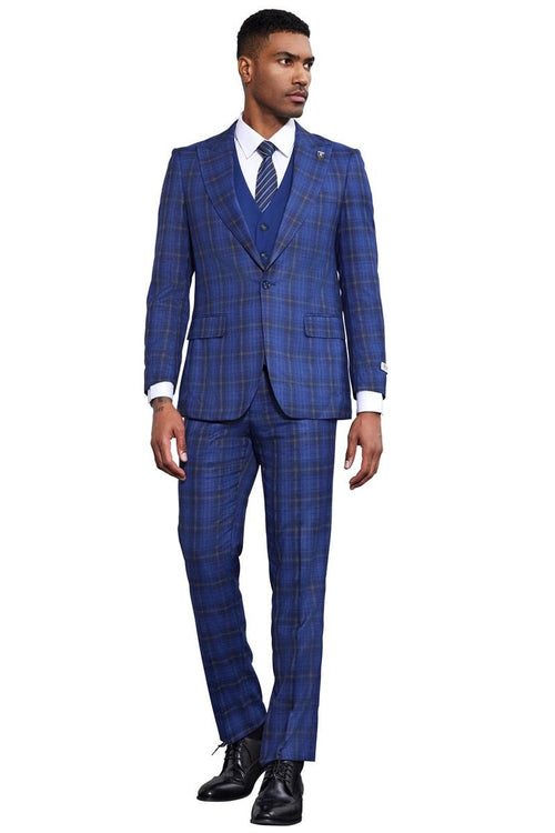 The men's Stacy Adams bold windowpane plaid print vested suit features a tailored fit. It has a midnight blue base with contrasting light blue and yellow plaid patterns, complemented by a matching vest.