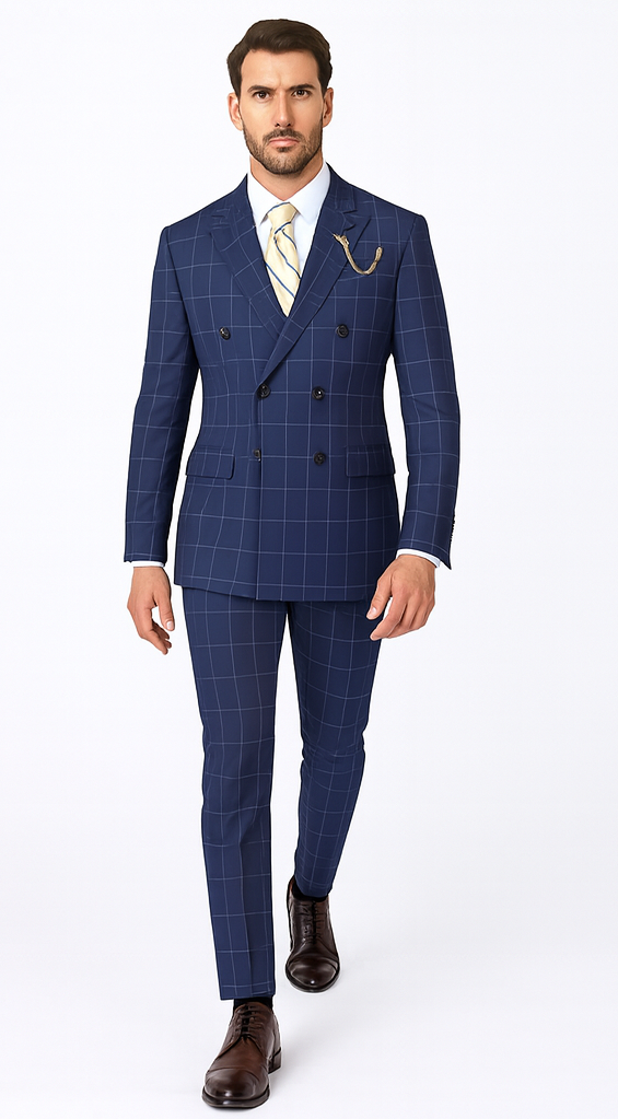 Naples Collection - Blue Modern Fit Double Breasted Windowpane Peak Lapel 2 Piece Suit
