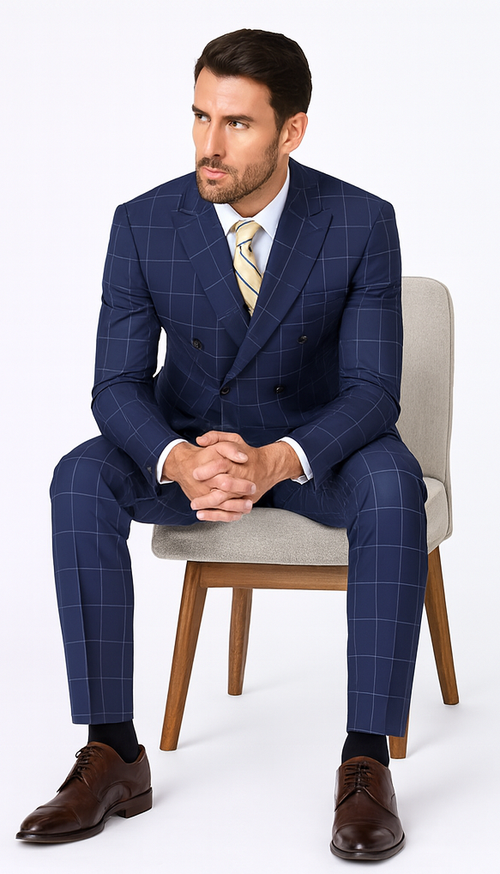 Naples Collection - Blue Modern Fit Double Breasted Windowpane Peak Lapel 2 Piece Suit