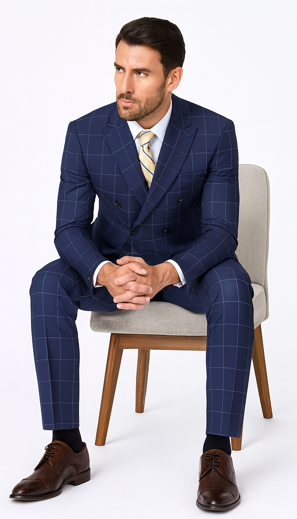 Naples Collection - Blue Modern Fit Double Breasted Windowpane Peak Lapel 2 Piece Suit