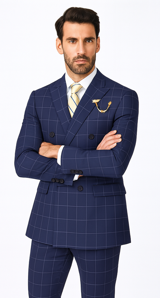 Naples Collection - Blue Modern Fit Double Breasted Windowpane Peak Lapel 2 Piece Suit