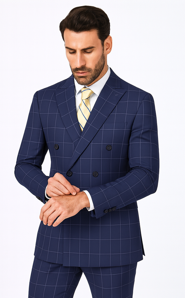 Naples Collection - Blue Modern Fit Double Breasted Windowpane Peak Lapel 2 Piece Suit