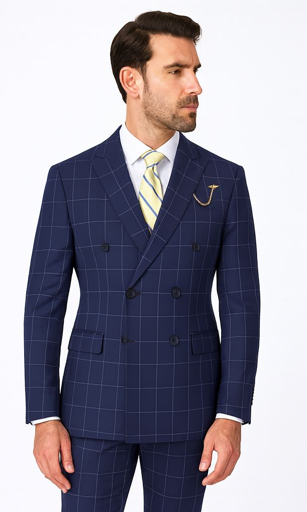 Naples Collection - Blue Modern Fit Double Breasted Windowpane Peak Lapel 2 Piece Suit