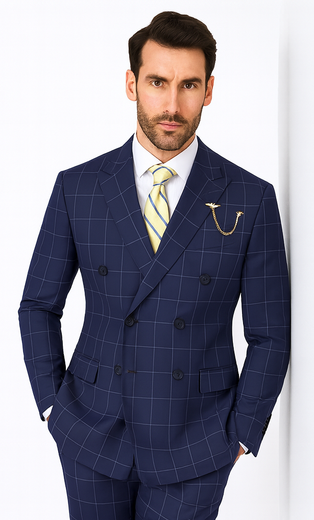 Naples Collection - Blue Modern Fit Double Breasted Windowpane Peak Lapel 2 Piece Suit