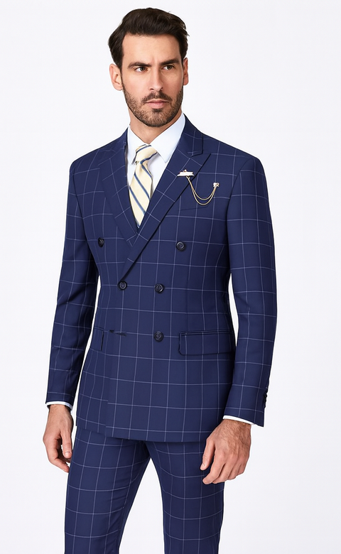 Naples Collection - Blue Modern Fit Double Breasted Windowpane Peak Lapel 2 Piece Suit