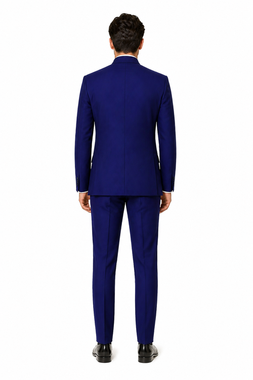 Navy Blue 4-Button Wedding Suit – Groom Suit with Banded Collar, Mandarin Style