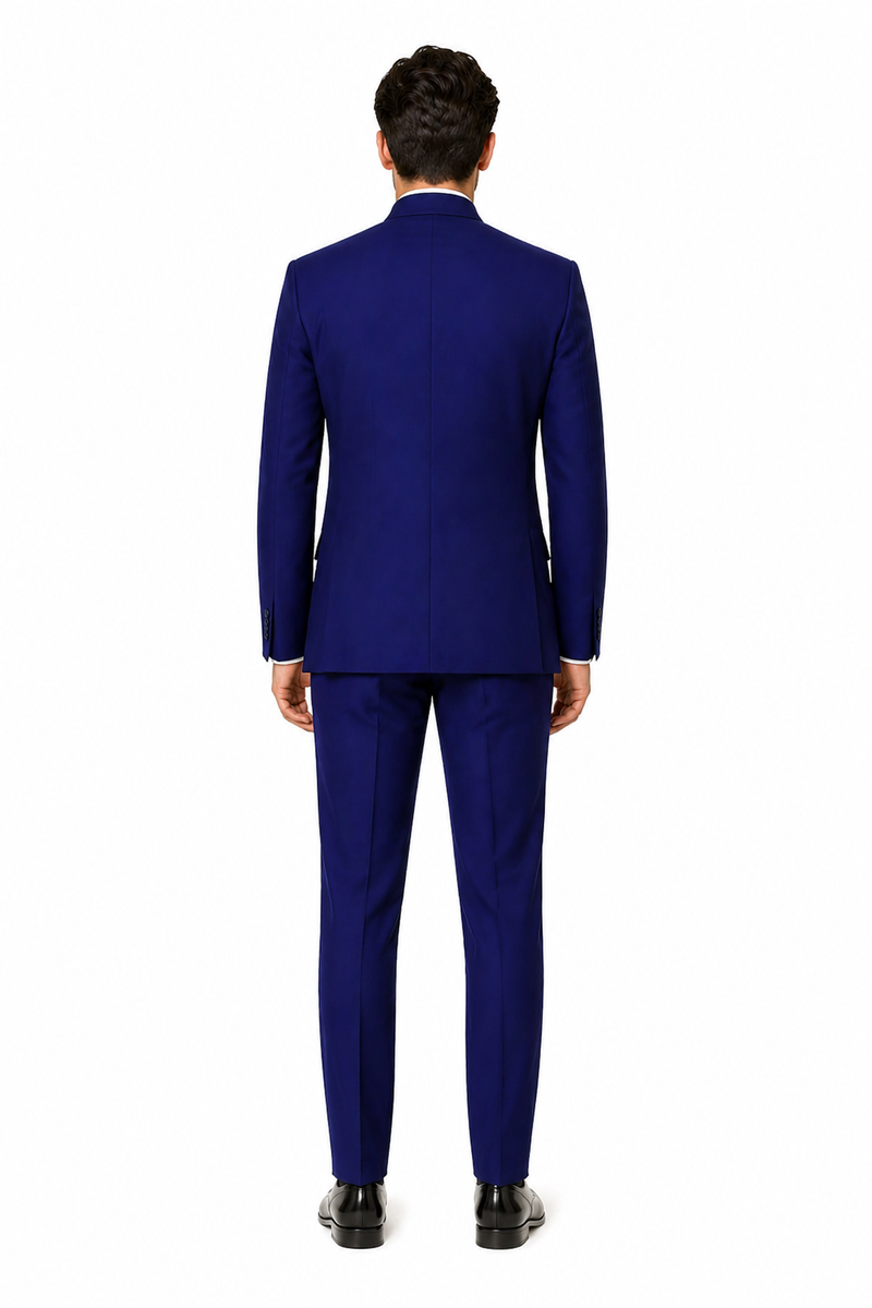 Navy Blue 4-Button Wedding Suit – Groom Suit with Banded Collar, Mandarin Style