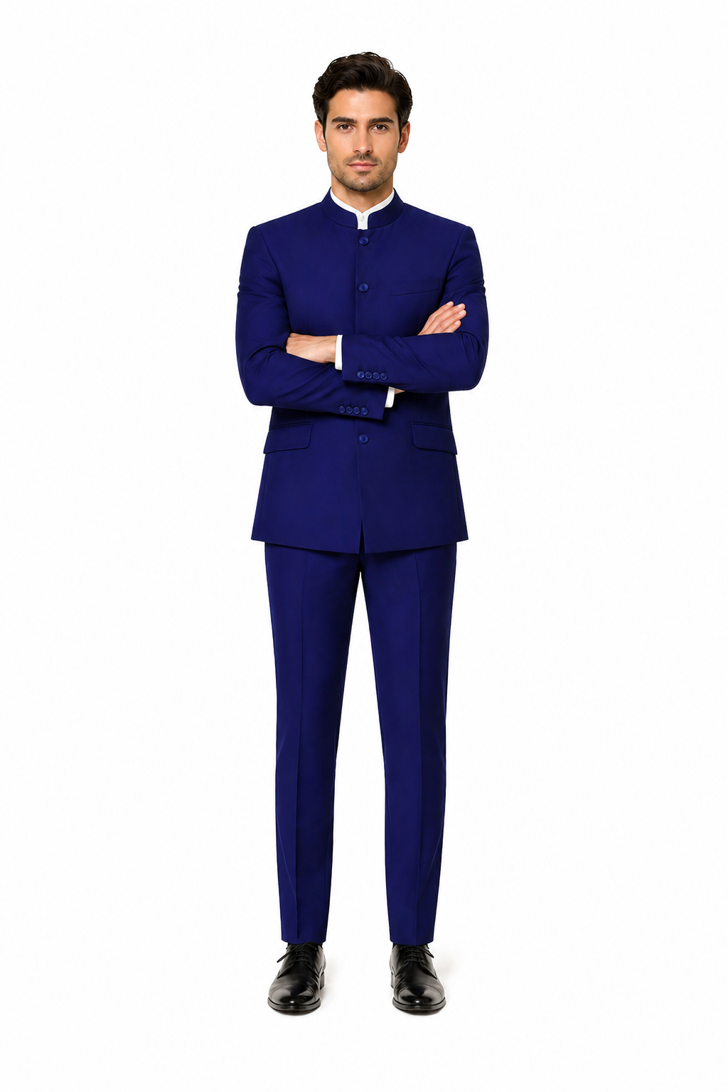 Navy Blue 4-Button Wedding Suit – Groom Suit with Banded Collar, Mandarin Style