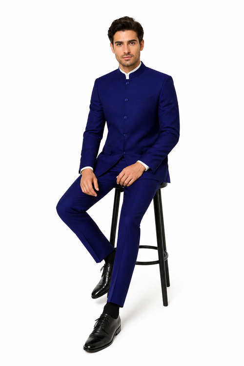 Navy Blue 4-Button Wedding Suit – Groom Suit with Banded Collar, Mandarin Style