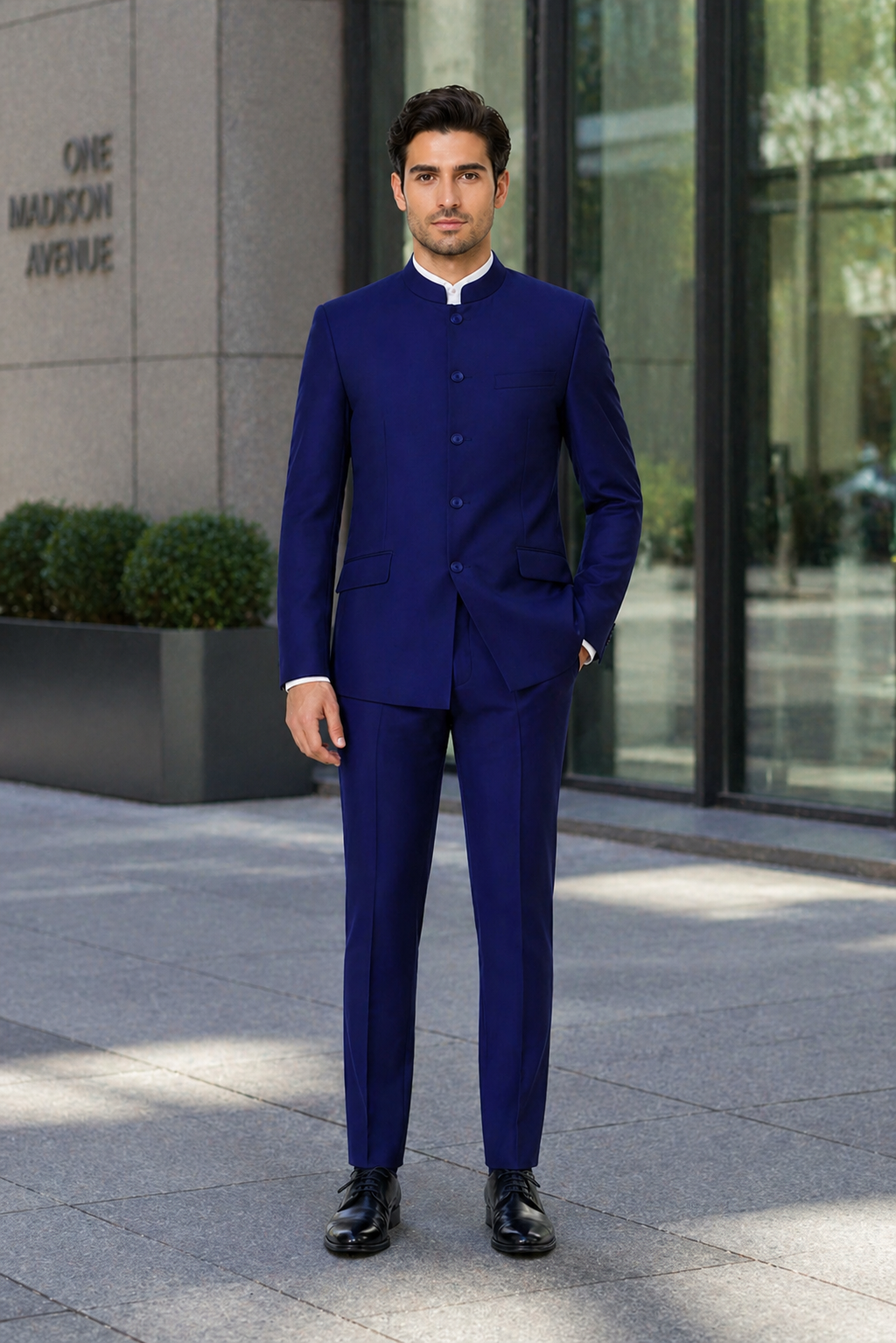 Navy Blue 4-Button Wedding Suit – Groom Suit with Banded Collar, Mandarin Style