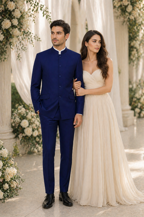 Navy Blue 4-Button Wedding Suit – Groom Suit with Banded Collar, Mandarin Style