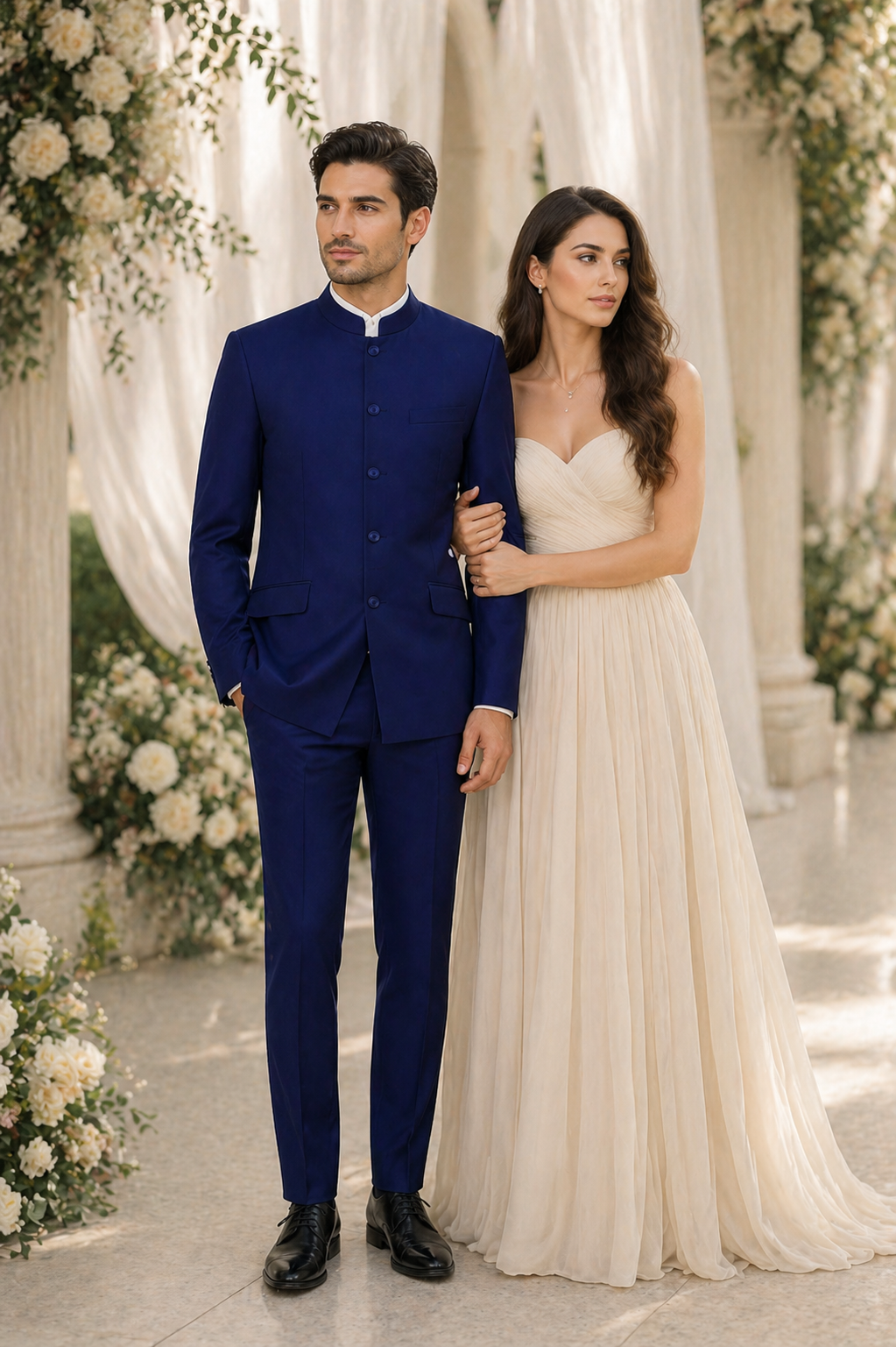 Navy Blue 4-Button Wedding Suit – Groom Suit with Banded Collar, Mandarin Style