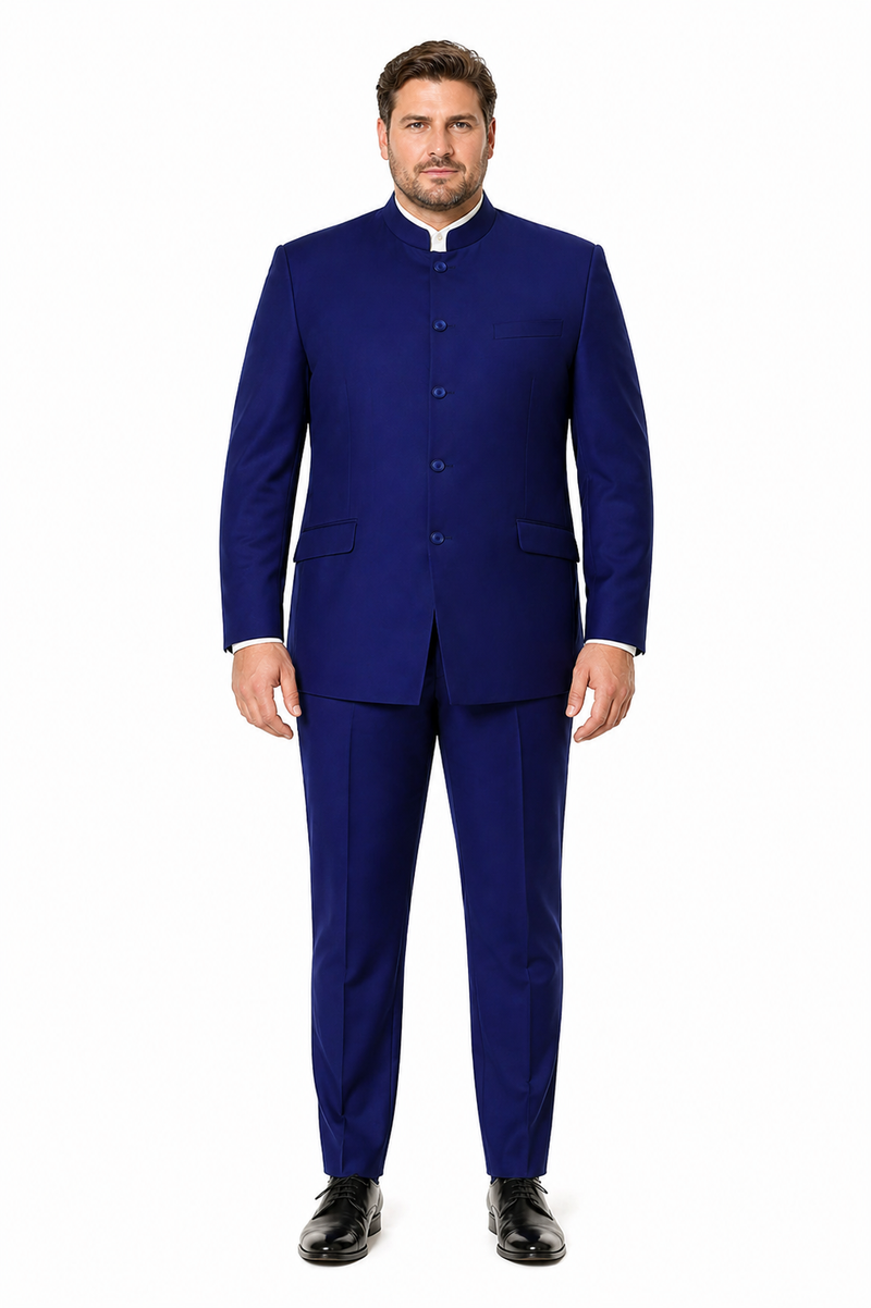 Navy Blue 4-Button Wedding Suit – Groom Suit with Banded Collar, Mandarin Style