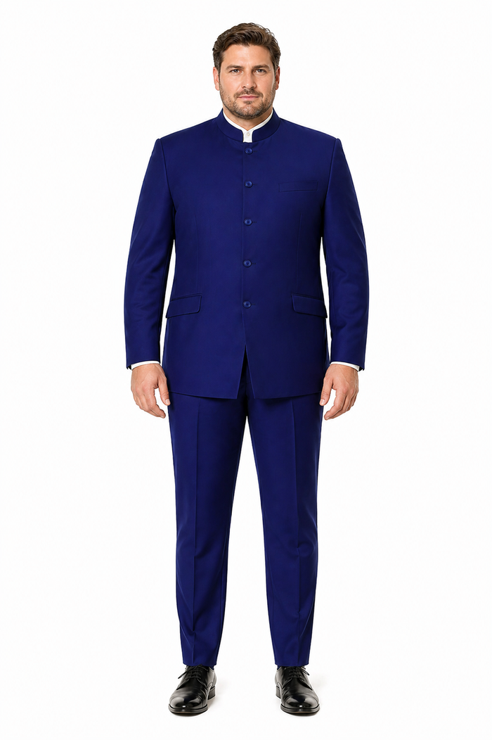 Navy Blue 4-Button Wedding Suit – Groom Suit with Banded Collar, Mandarin Style
