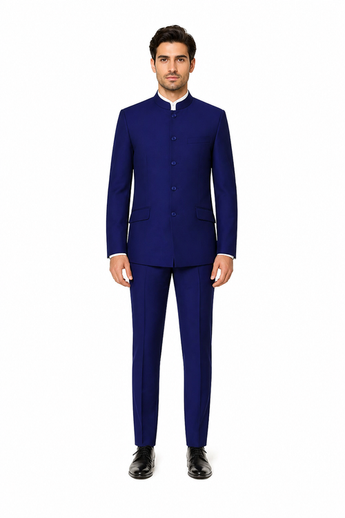 Navy Blue 4-Button Wedding Suit – Groom Suit with Banded Collar, Mandarin Style