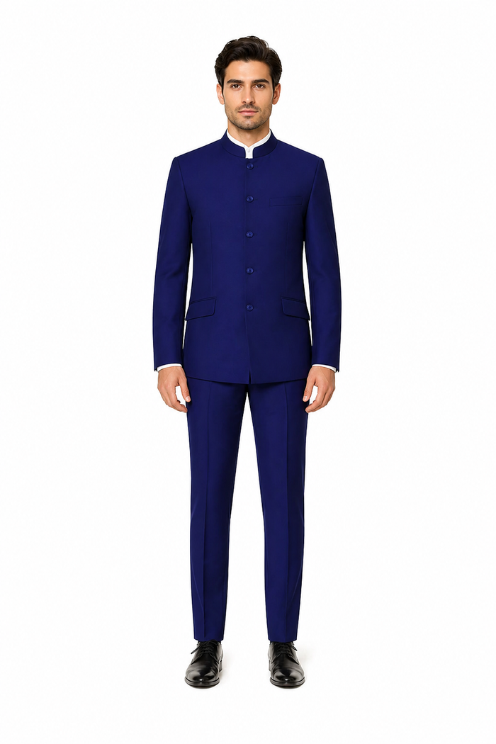 Navy Blue 4-Button Wedding Suit – Groom Suit with Banded Collar, Mandarin Style