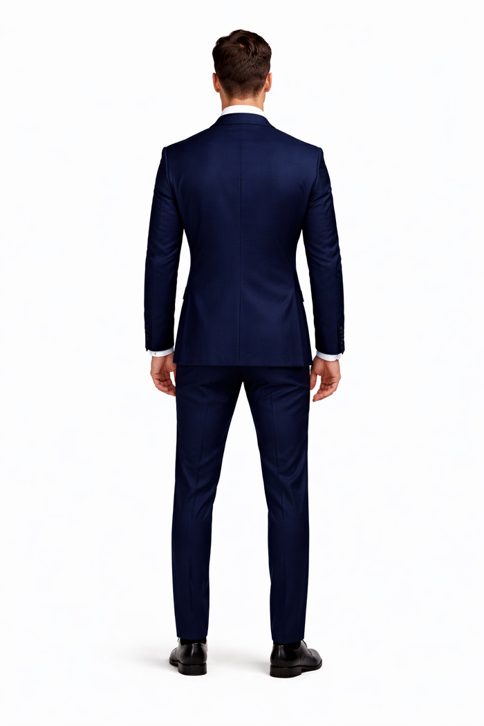 Mens 2 Button Skinny Vested Wool Navy Blue  Suit